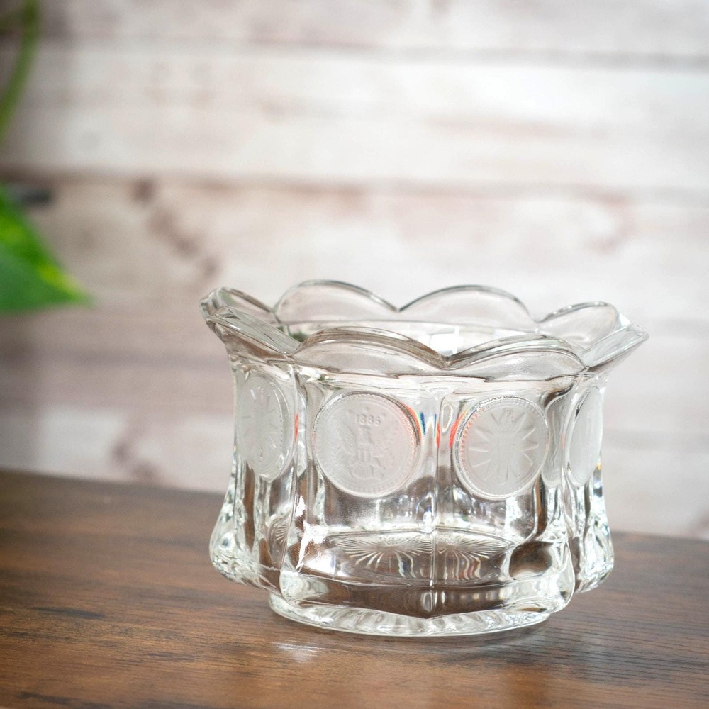 Glows! Vintage Fostoria Clear Coin Glass Jar (with Original Label) - UV Reactive